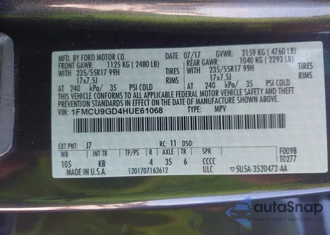 2017 Ford Escape Se z USA, uszkodzony, nr VIN 1FMCU9GD4HUE61068